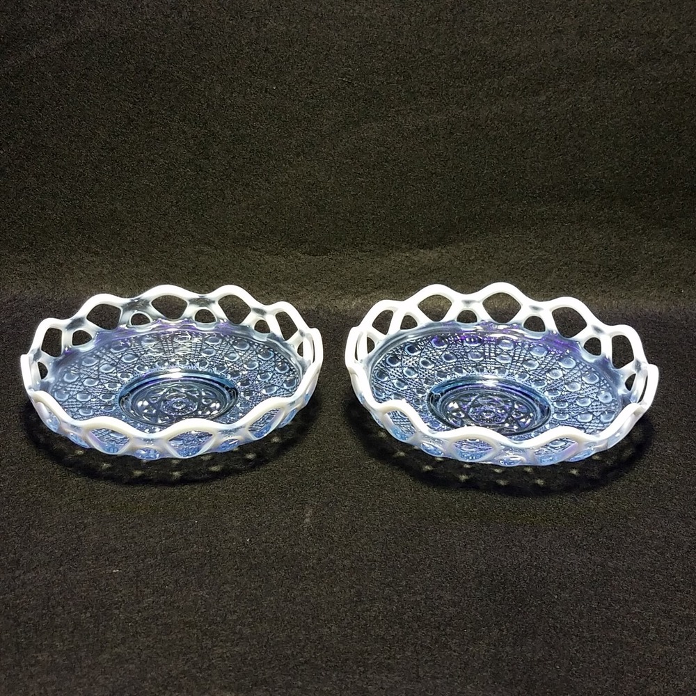 Imperial Glass Vintage Blue Opalescent Lace Edge Cape Cod Bowls Set of 2